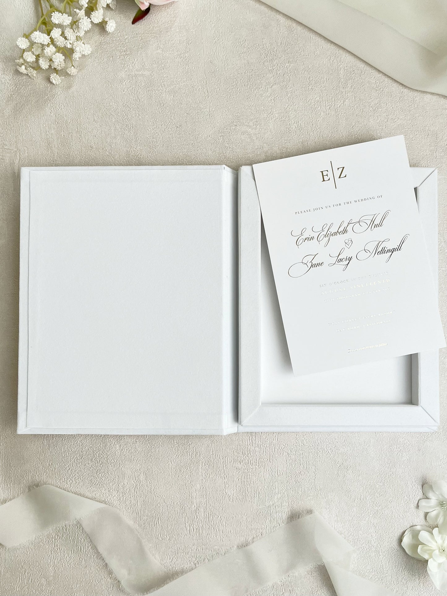 White Velvet Box, Luxurious Wedding Invitation, Gold Foiling Monogram, Personalized Keepsake Box, DIY Invitation
