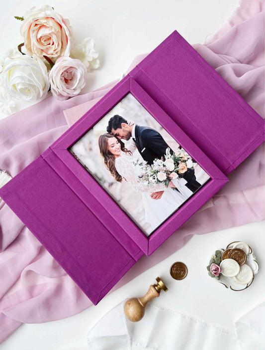 Personalized Wedding Keepsake Linen Box, Custom Memory Box for Photo Album, Magenta Gatefold Box, Purple Magnetic Box