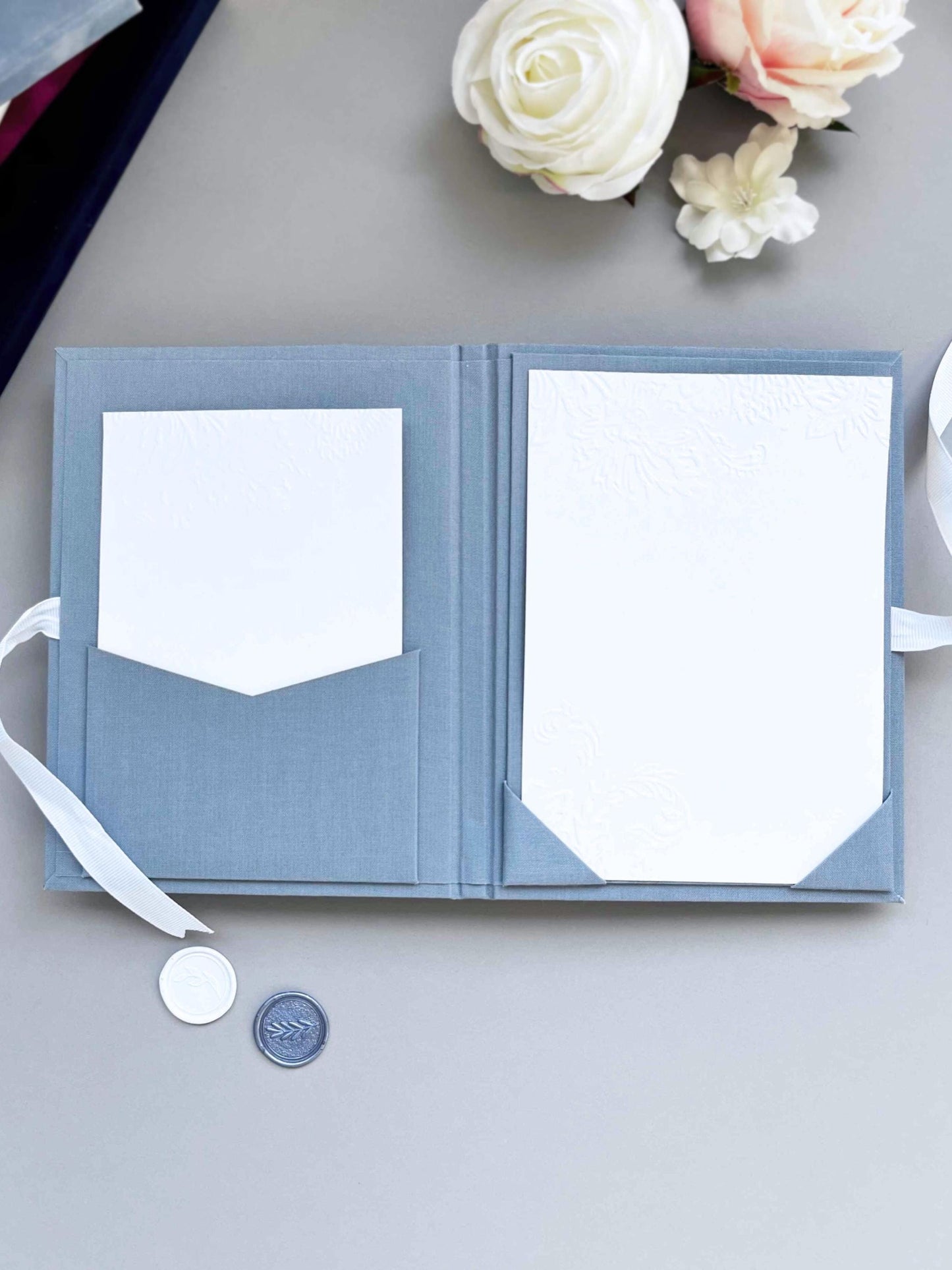 Linen Wedding Invitation Folio - Dusty Blue, Custom Foil Stamped with Custom Monogram, for Acrylic Invitation 5 x 7