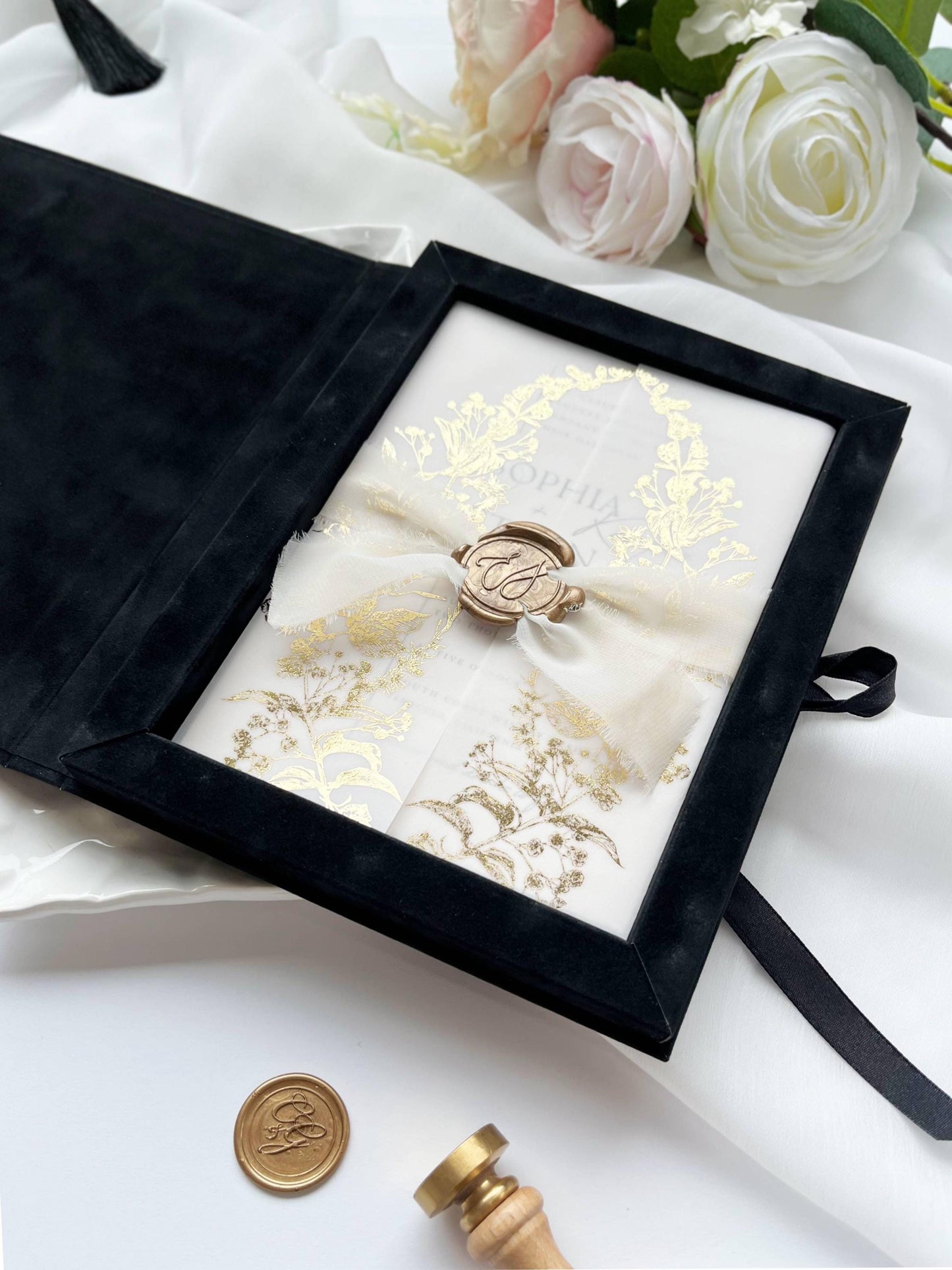 Black Velvet Box, Luxurious Wedding Invitation, Gold Foiling Monogram, Personalized Keepsake Box, DIY Invitation