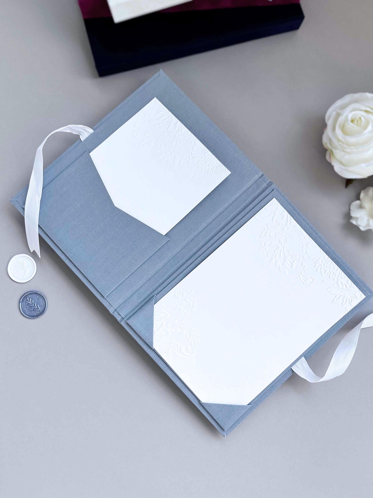 Linen Wedding Invitation Folio - Dusty Blue, Custom Foil Stamped with Custom Monogram, for Acrylic Invitation 5 x 7