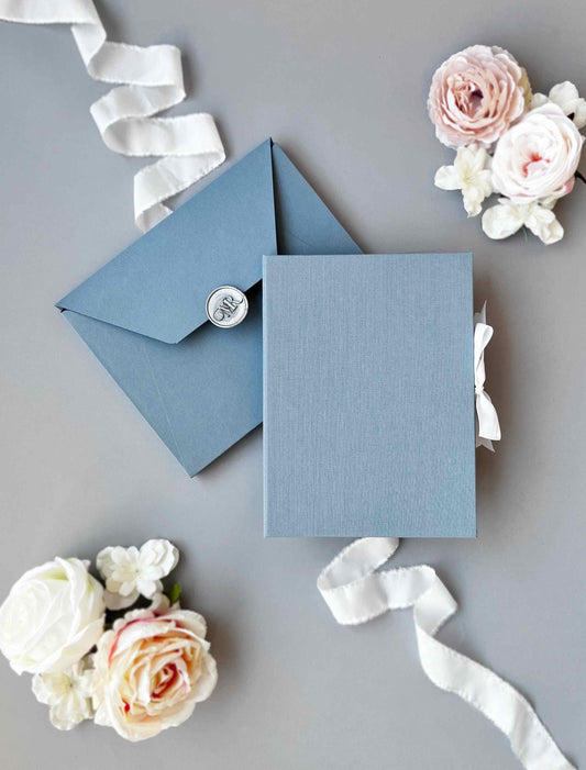 Linen Wedding Invitation Folio - Dusty Blue, Custom Foil Stamped with Custom Monogram, for Acrylic Invitation 5 x 7