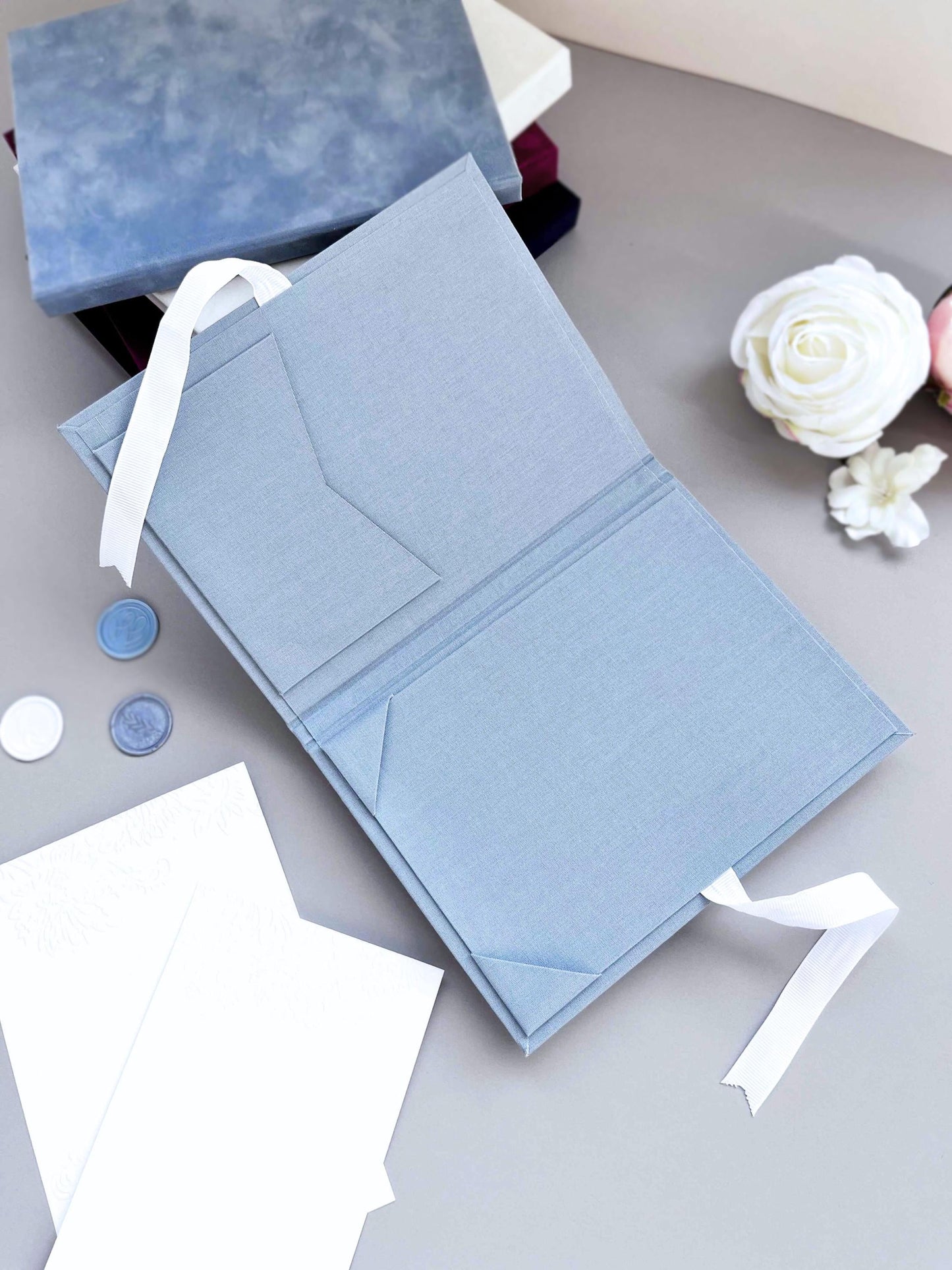 Linen Wedding Invitation Folio - Dusty Blue, Custom Foil Stamped with Custom Monogram, for Acrylic Invitation 5 x 7