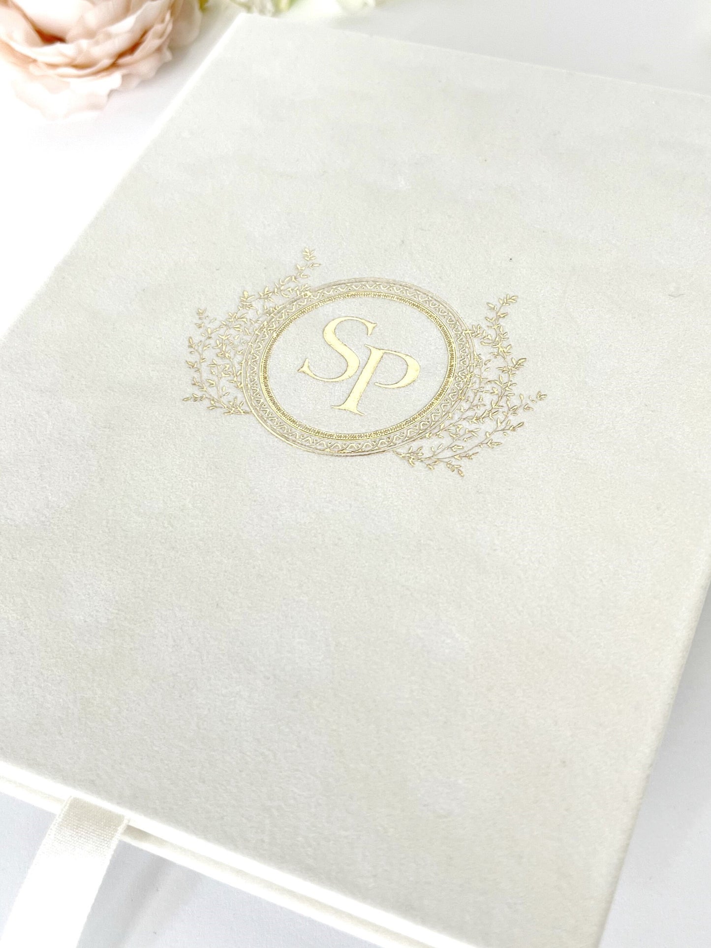 Cream Velvet Box with Ribbon Bow for 5x7 Luxurious Wedding Invitation, Gold Foiling Monogram, Personalized Keepsake Box, DIY Invitation