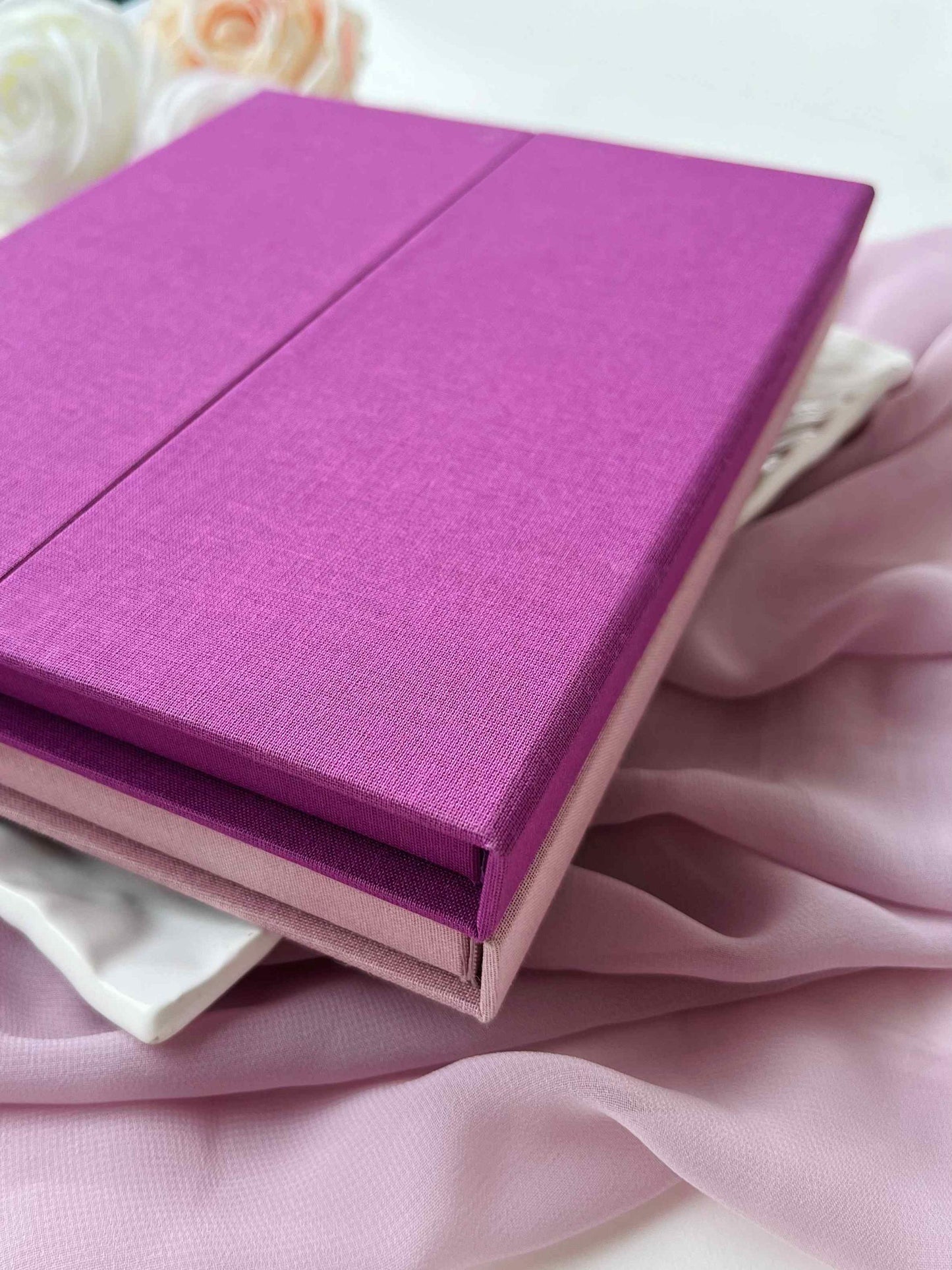 Personalized Wedding Keepsake Linen Box, Custom Memory Box for Photo Album, Magenta Gatefold Box, Purple Magnetic Box