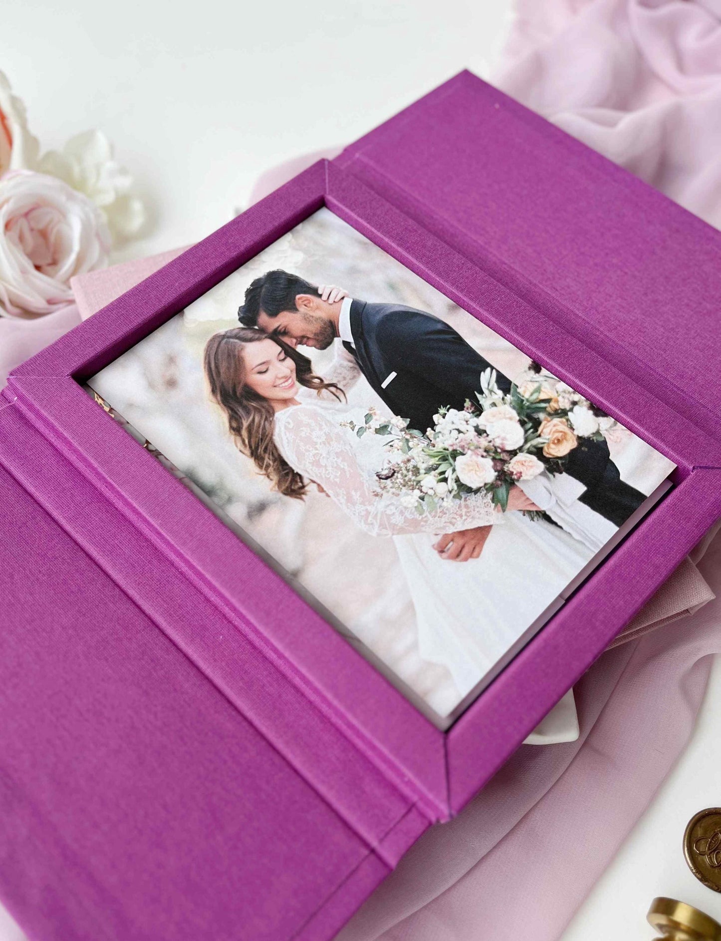 Personalized Wedding Keepsake Linen Box, Custom Memory Box for Photo Album, Magenta Gatefold Box, Purple Magnetic Box