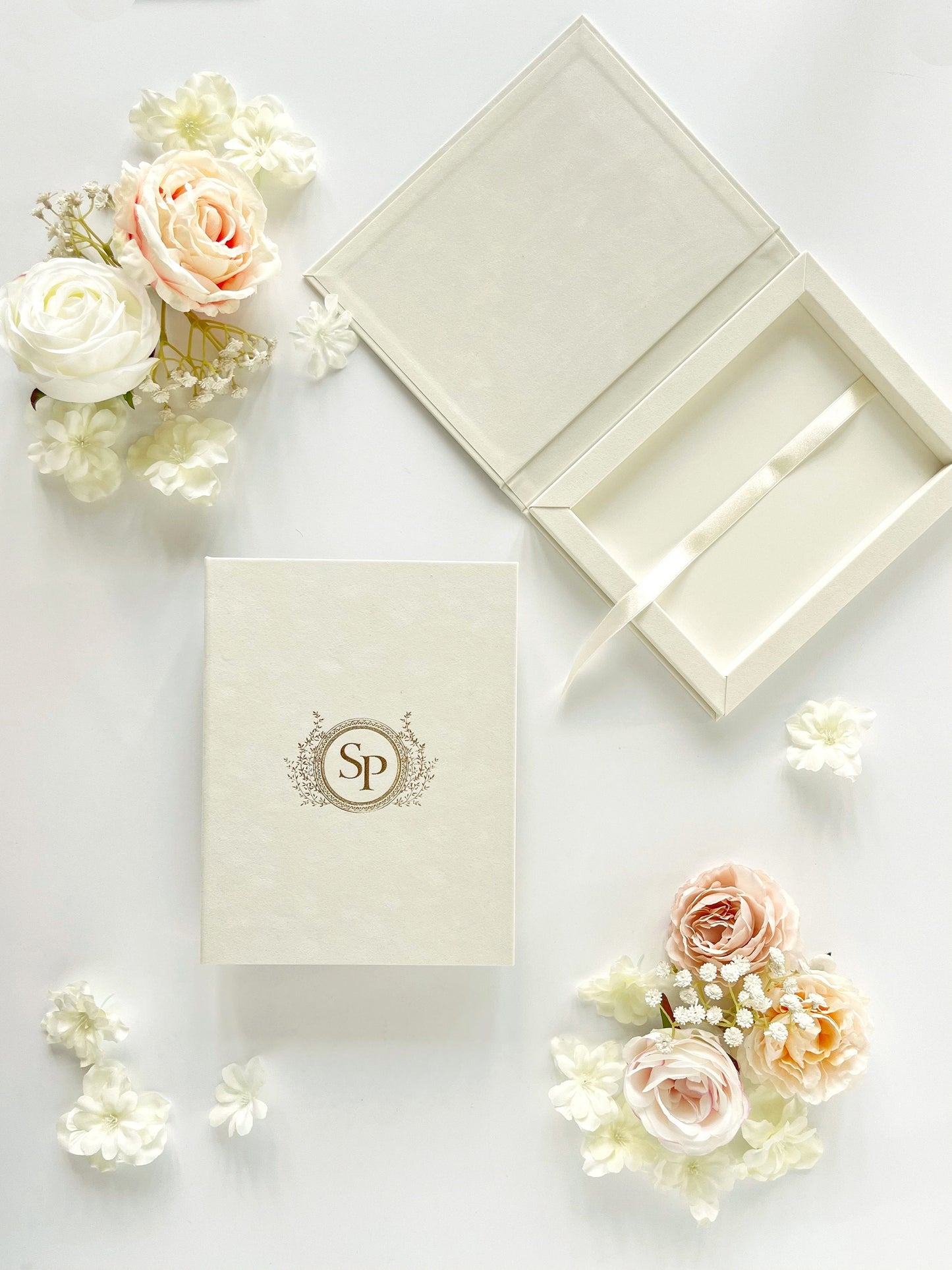 Cream Velvet Wedding Invitations Box, Gold Foiling Monogram Wedding Invitation 5x7, Personalized Keepsake Box