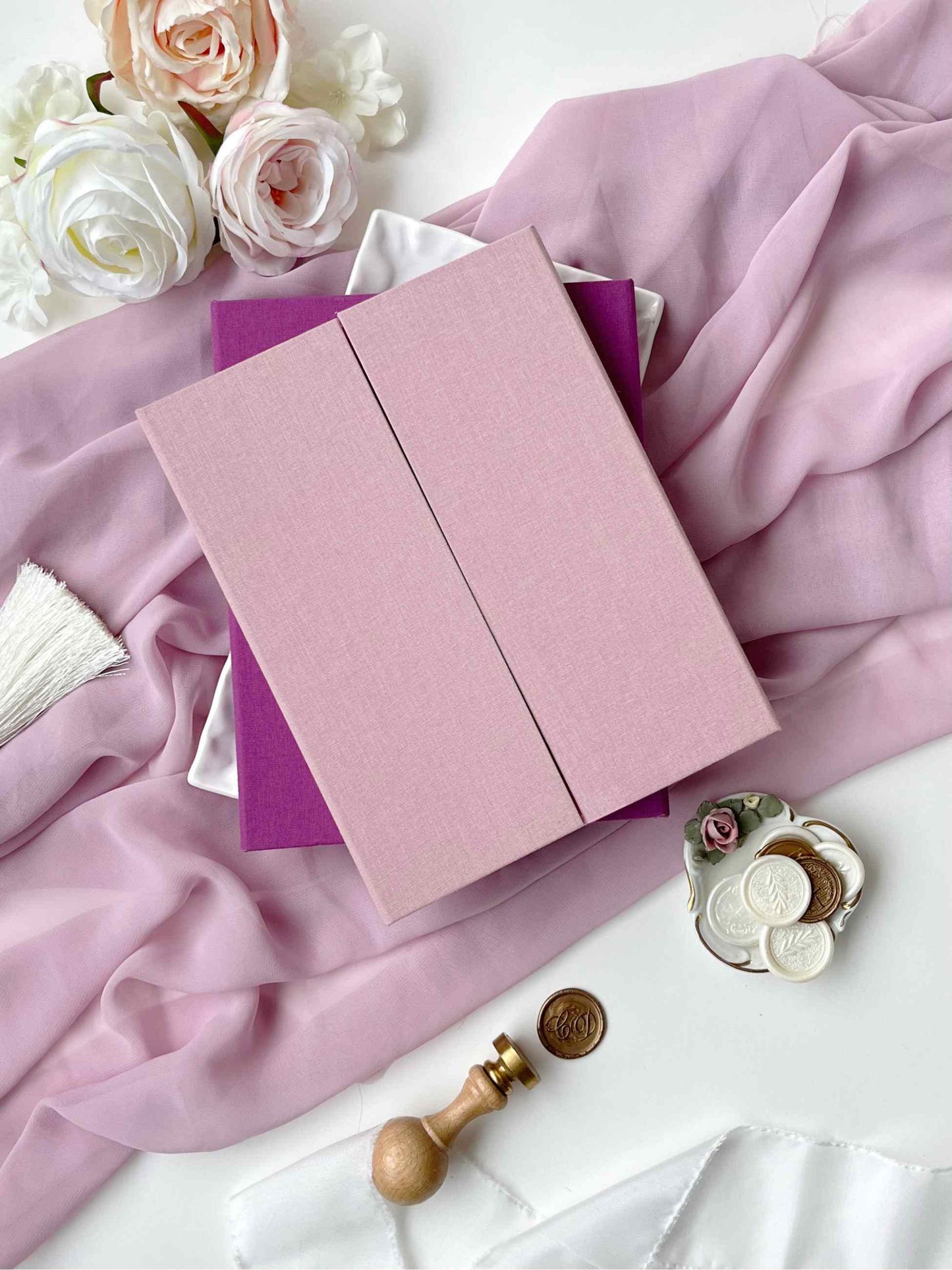 Gatefold Linen Box for 5x7 Wedding Invitation with Magnetic Closure, Misty Rose Personalized Keepsake Box, Gold Foil Monogram