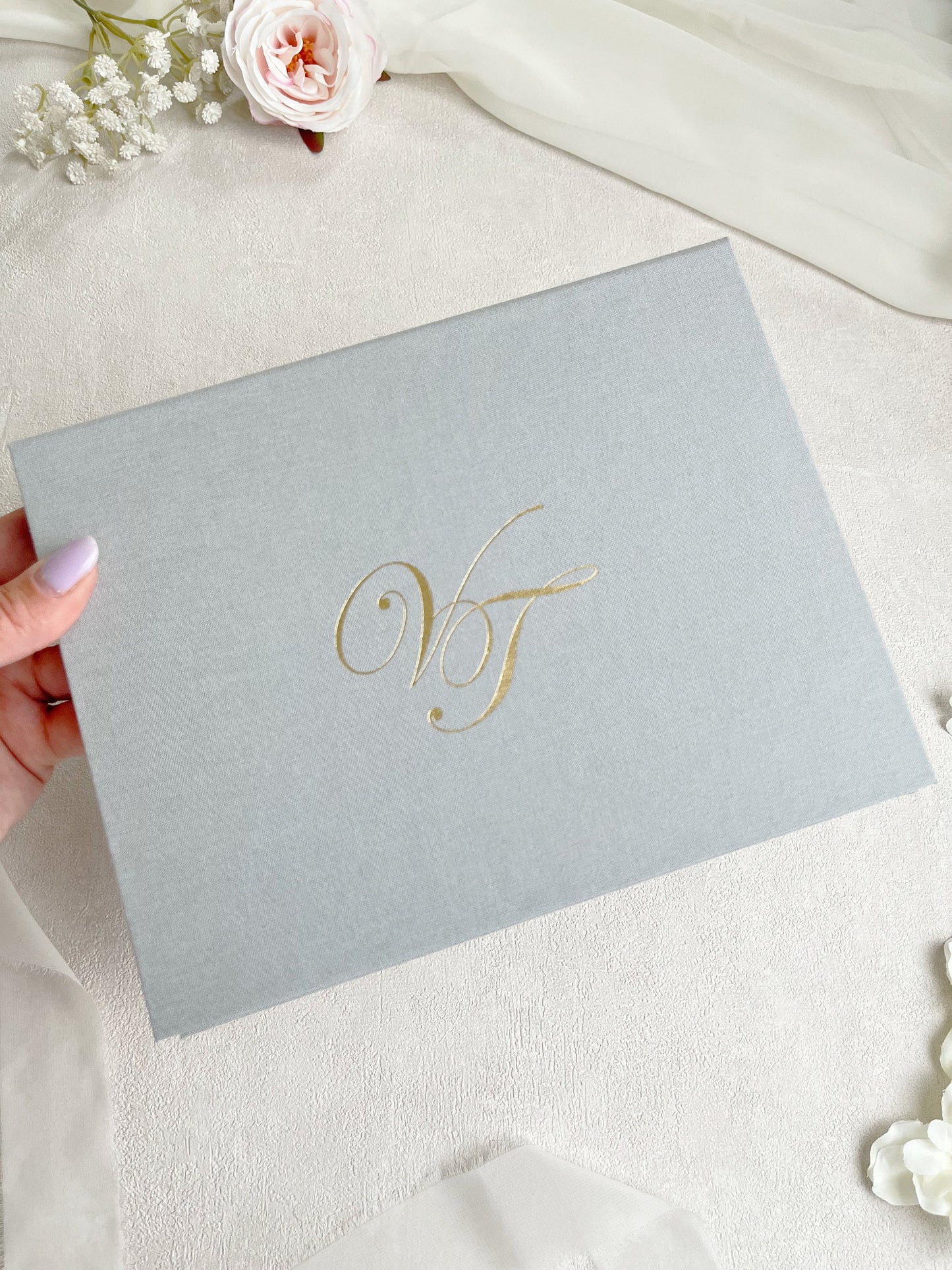 Luxurious Canvas Box for 5x7 Wedding Invitation, Personalized Keepsake Box With Your Initials Embossed in Gold Foil on the Cover, Linen