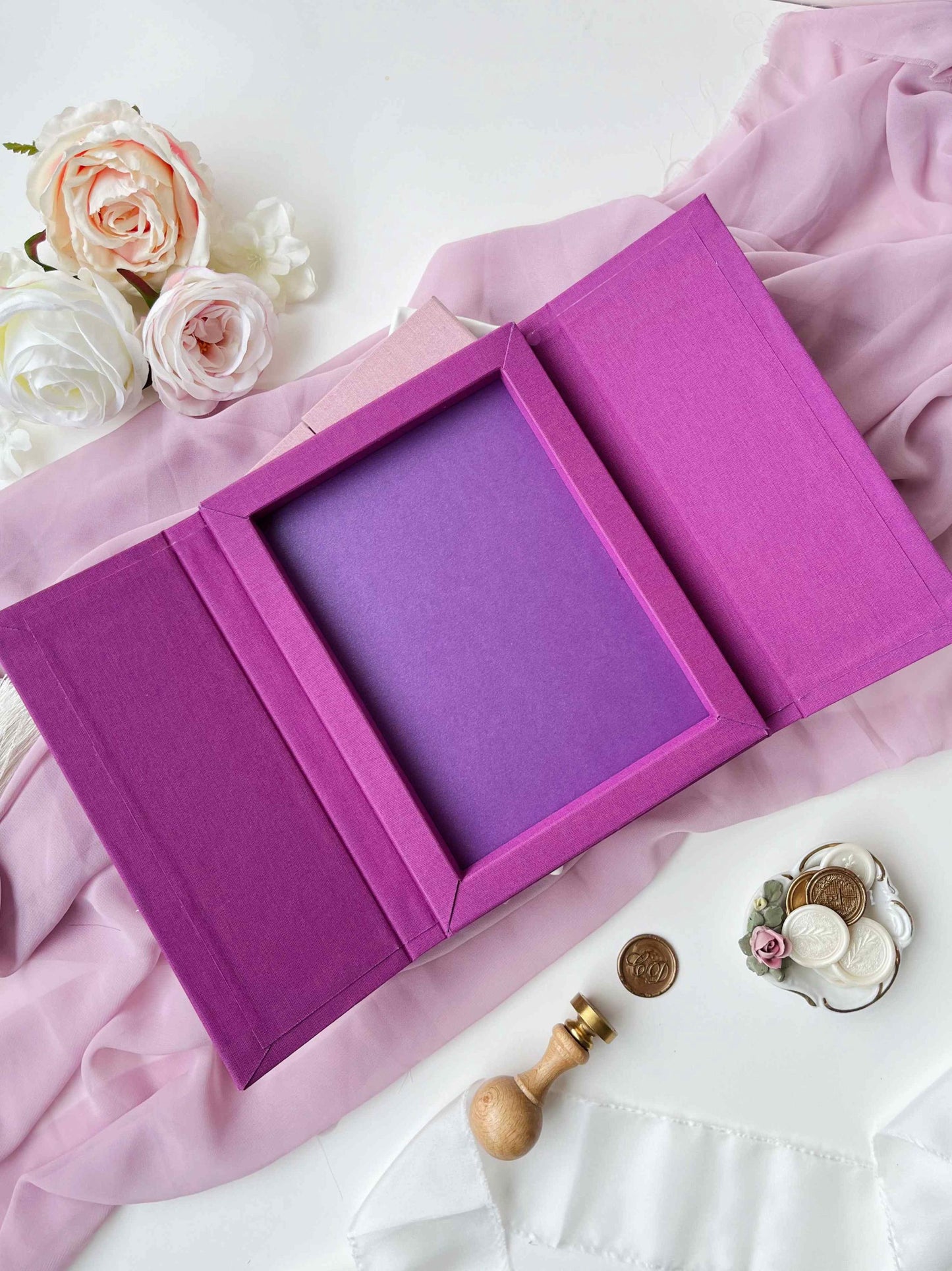 Personalized Wedding Keepsake Linen Box, Custom Memory Box for Photo Album, Magenta Gatefold Box, Purple Magnetic Box