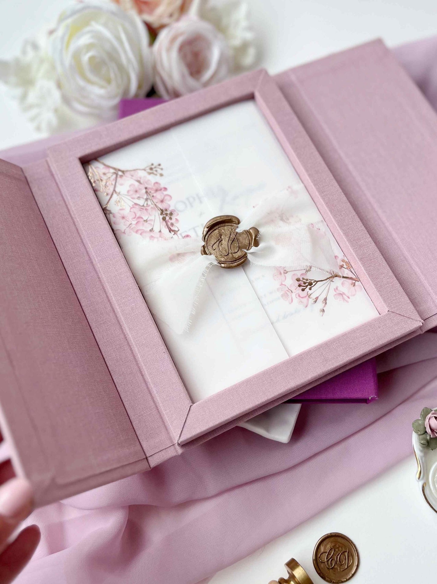 Gatefold Linen Box for 5x7 Wedding Invitation with Magnetic Closure, Misty Rose Personalized Keepsake Box, Gold Foil Monogram