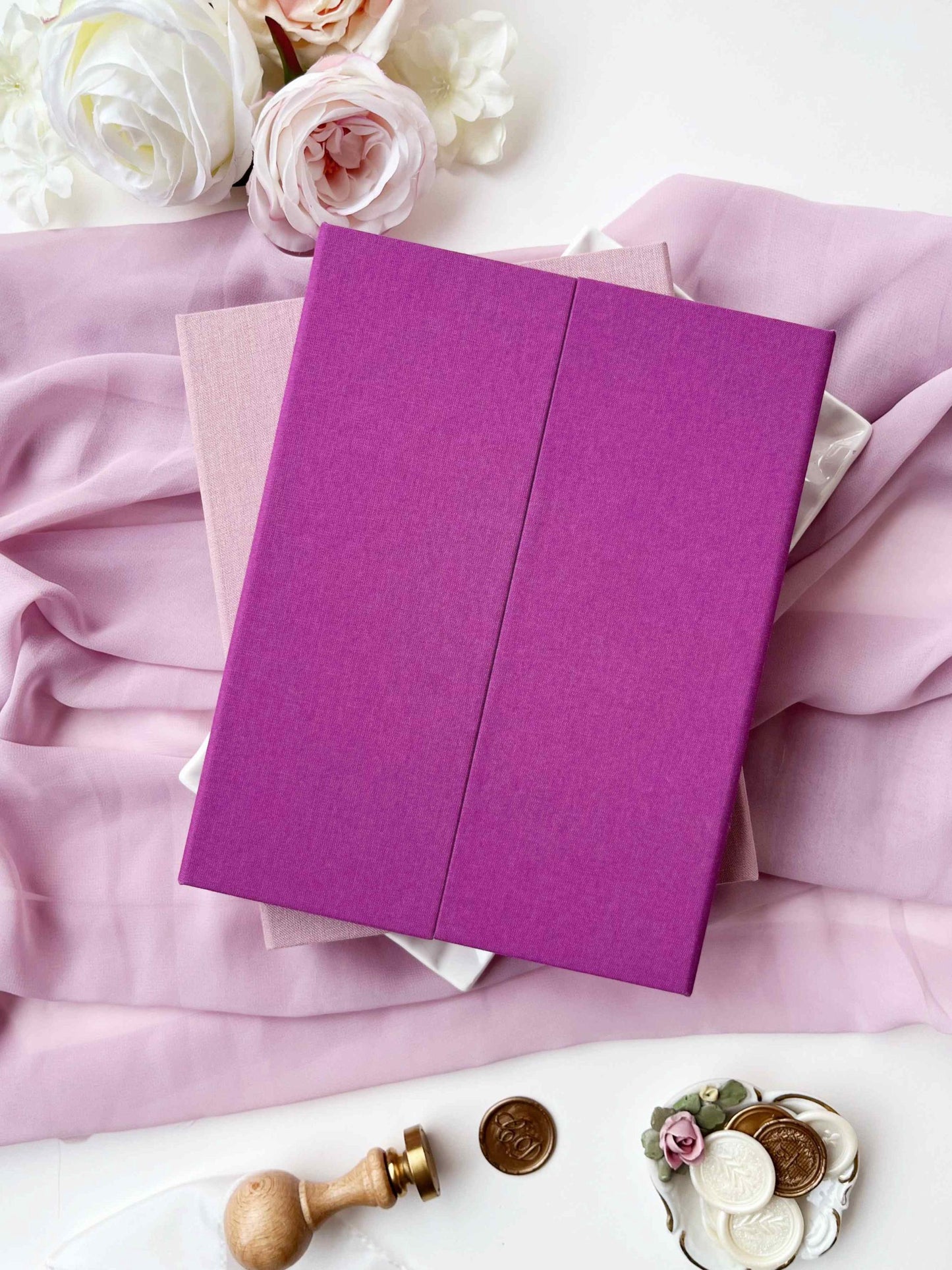 Personalized Wedding Keepsake Linen Box, Custom Memory Box for Photo Album, Magenta Gatefold Box, Purple Magnetic Box