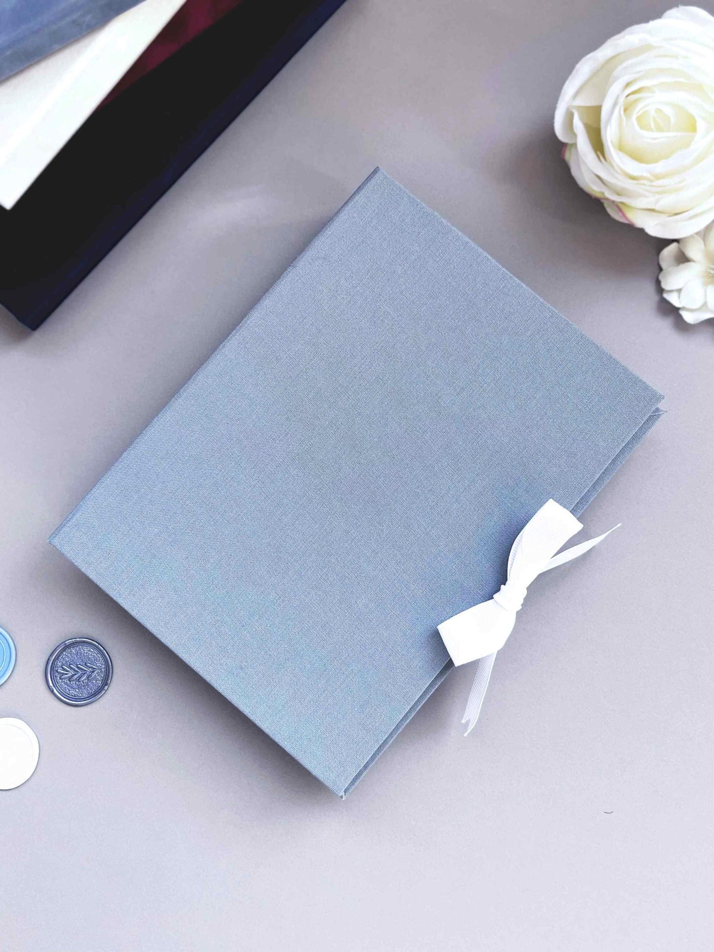 Linen Wedding Invitation Folio - Dusty Blue, Custom Foil Stamped with Custom Monogram, for Acrylic Invitation 5 x 7