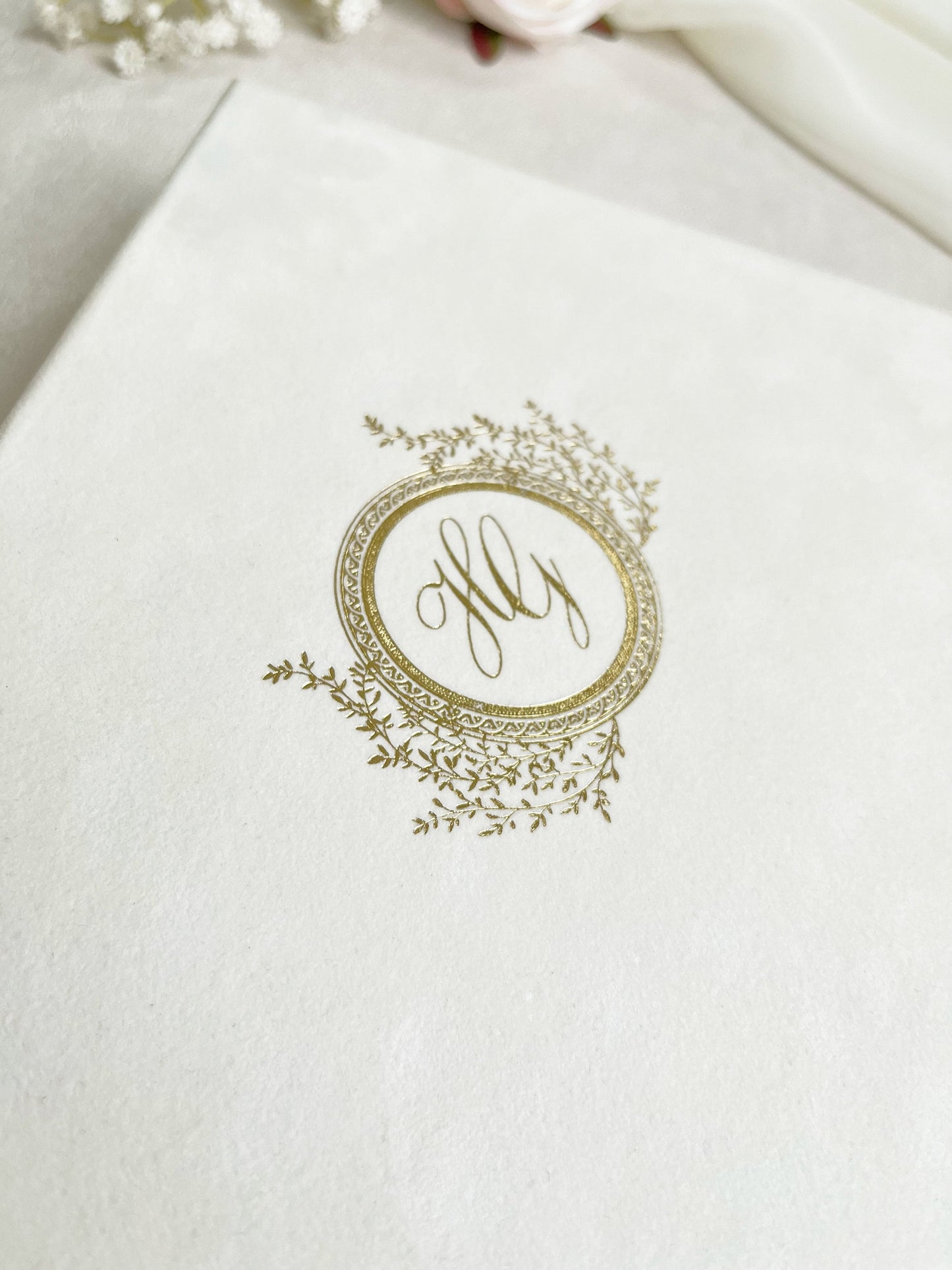 Cream Velvet Wedding Invitations Box, Gold Foiling Monogram Wedding Invitation 5x7, Personalized Keepsake Box