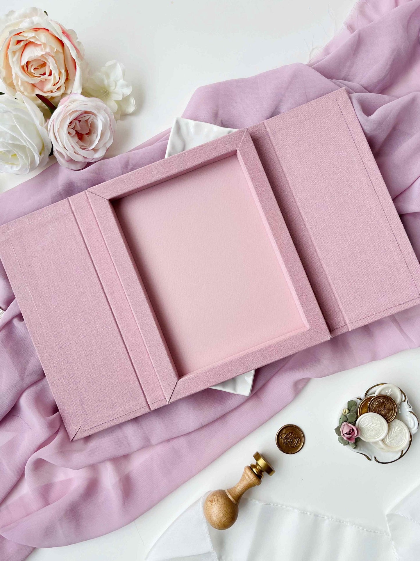 Gatefold Linen Box for 5x7 Wedding Invitation with Magnetic Closure, Misty Rose Personalized Keepsake Box, Gold Foil Monogram