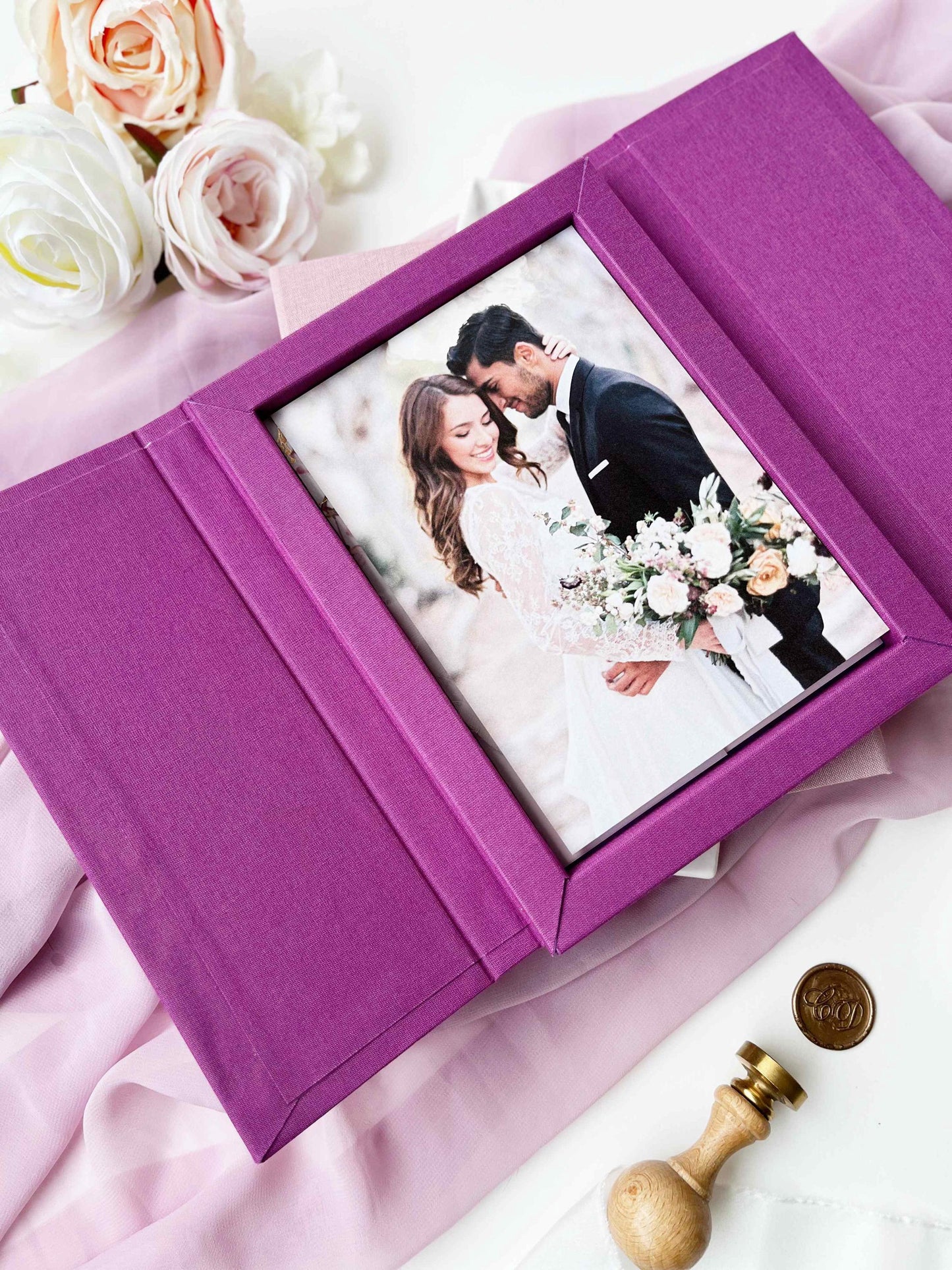 Personalized Wedding Keepsake Linen Box, Custom Memory Box for Photo Album, Magenta Gatefold Box, Purple Magnetic Box