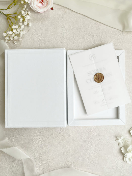 White Velvet Box, Luxurious Wedding Invitation, Gold Foiling Monogram, Personalized Keepsake Box, DIY Invitation