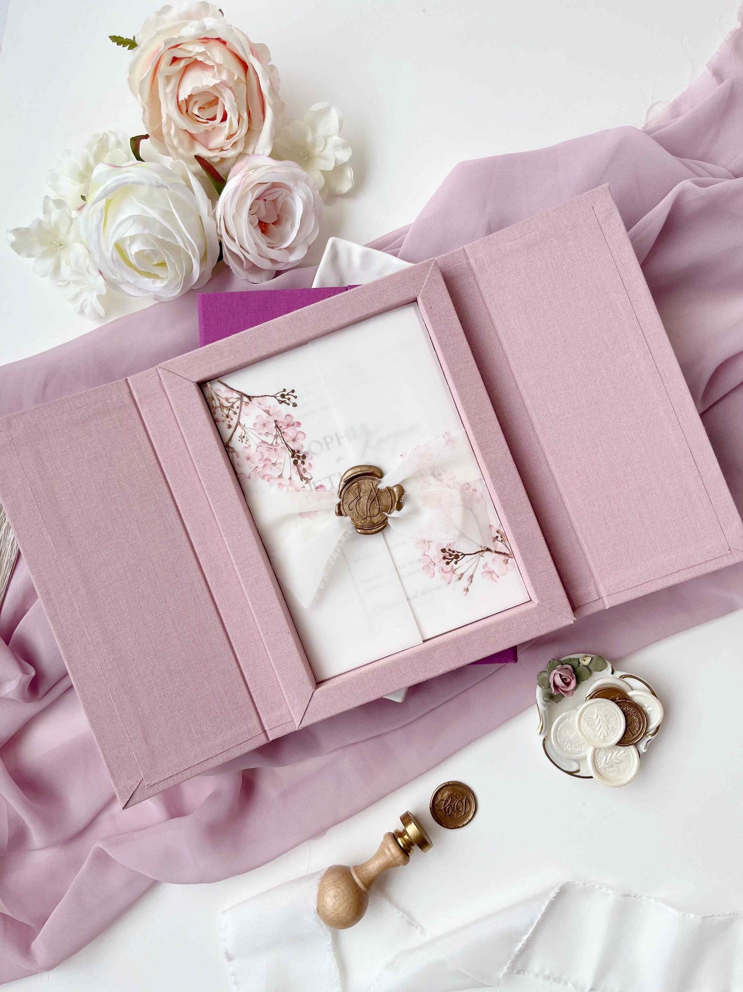 Gatefold Linen Box for 5x7 Wedding Invitation with Magnetic Closure, Misty Rose Personalized Keepsake Box, Gold Foil Monogram